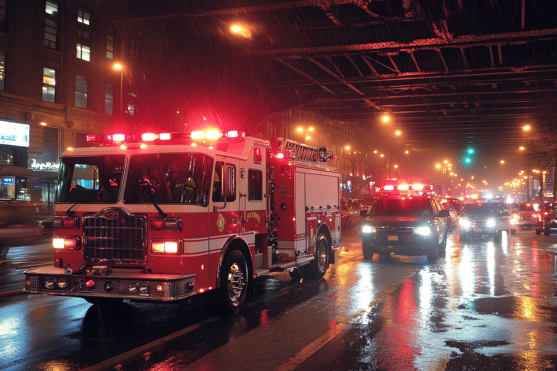 A fire truck with flashing lights rushes through a busy city intersection, showcasing emergency response in an urban environment. The scene captures urgency and action.