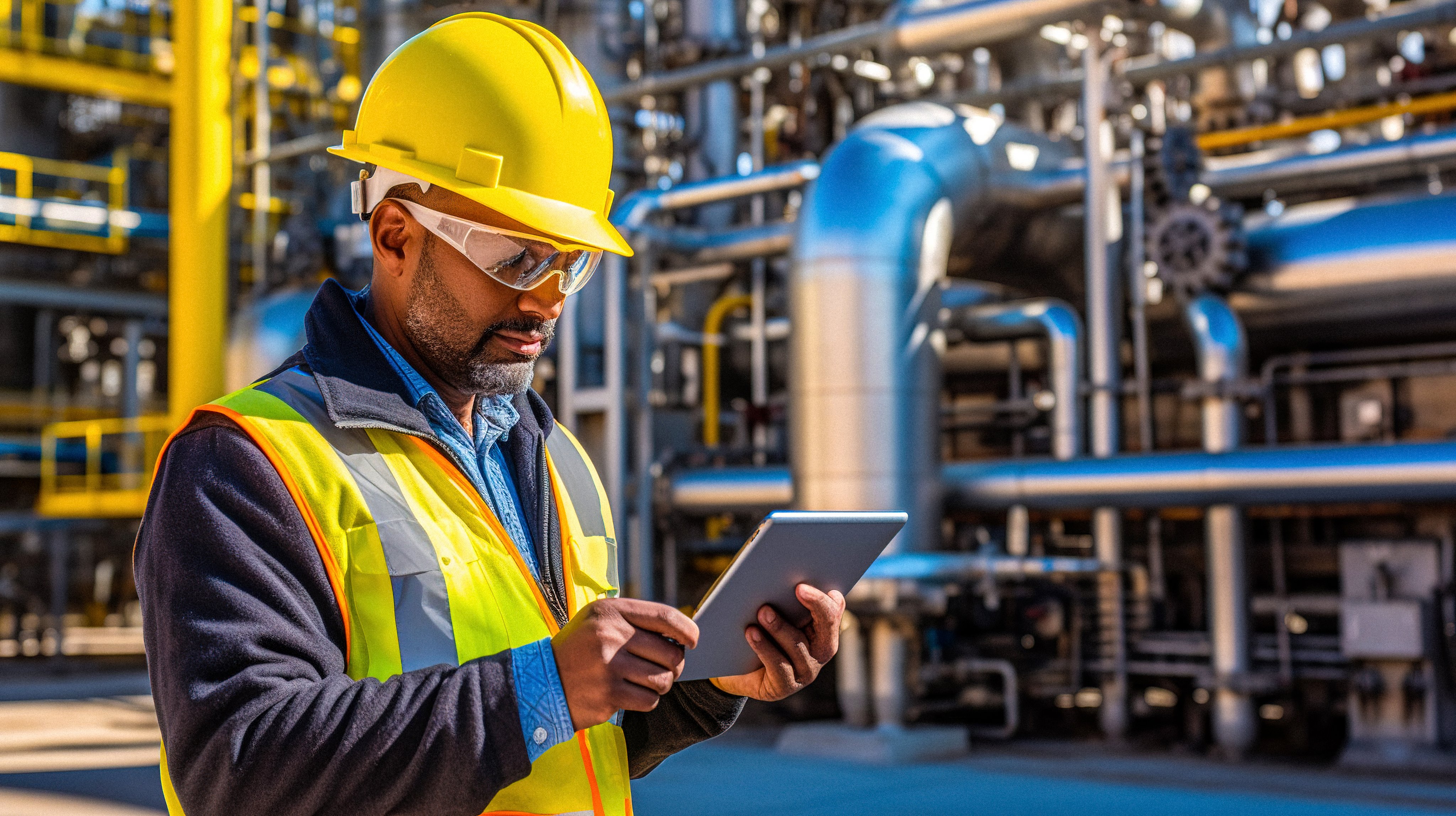 Portrait of refinery worker using tablet and checking oil and gas product quality.