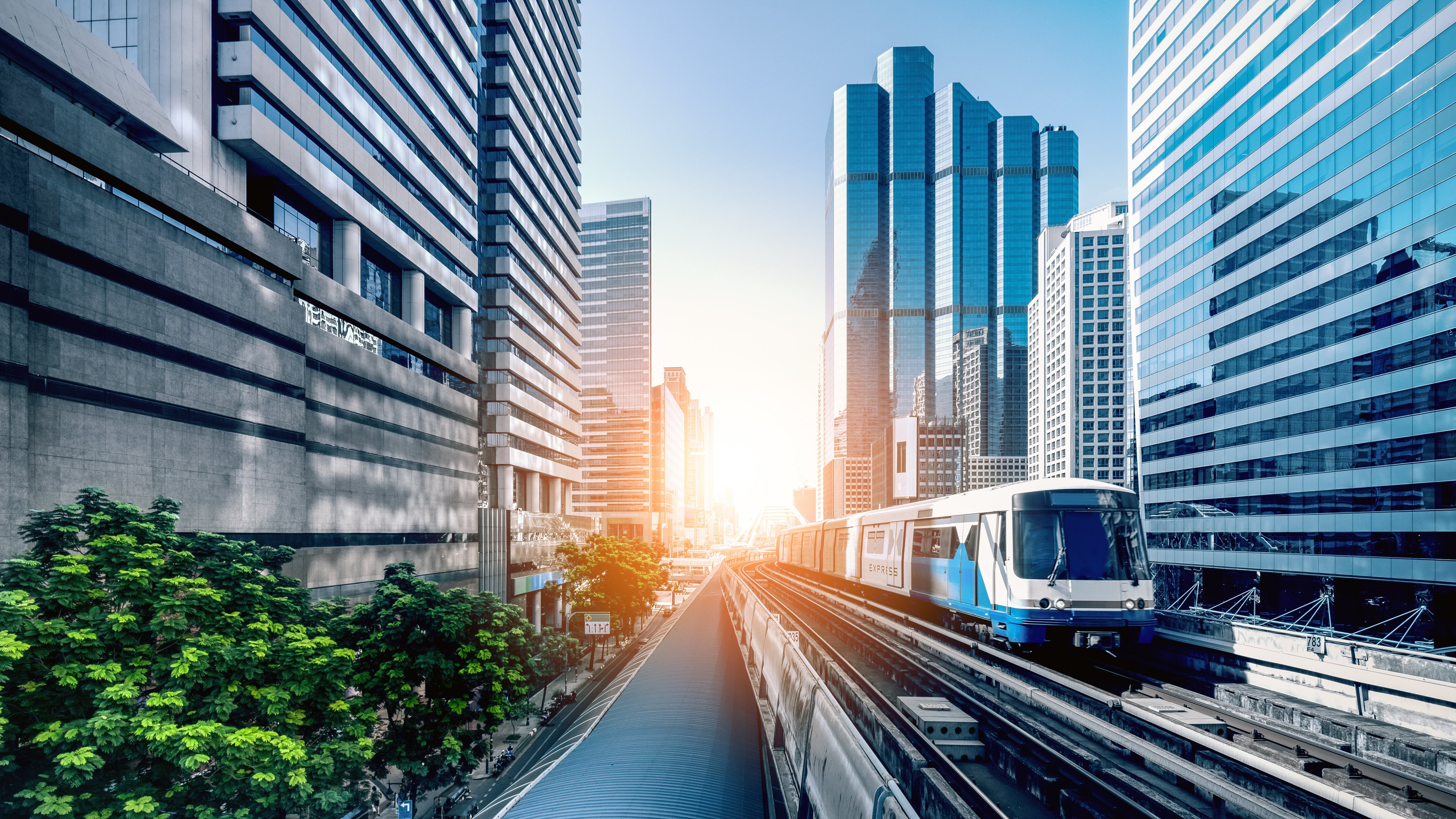 cityscape of BTS sky train in Bangkok Thailand
