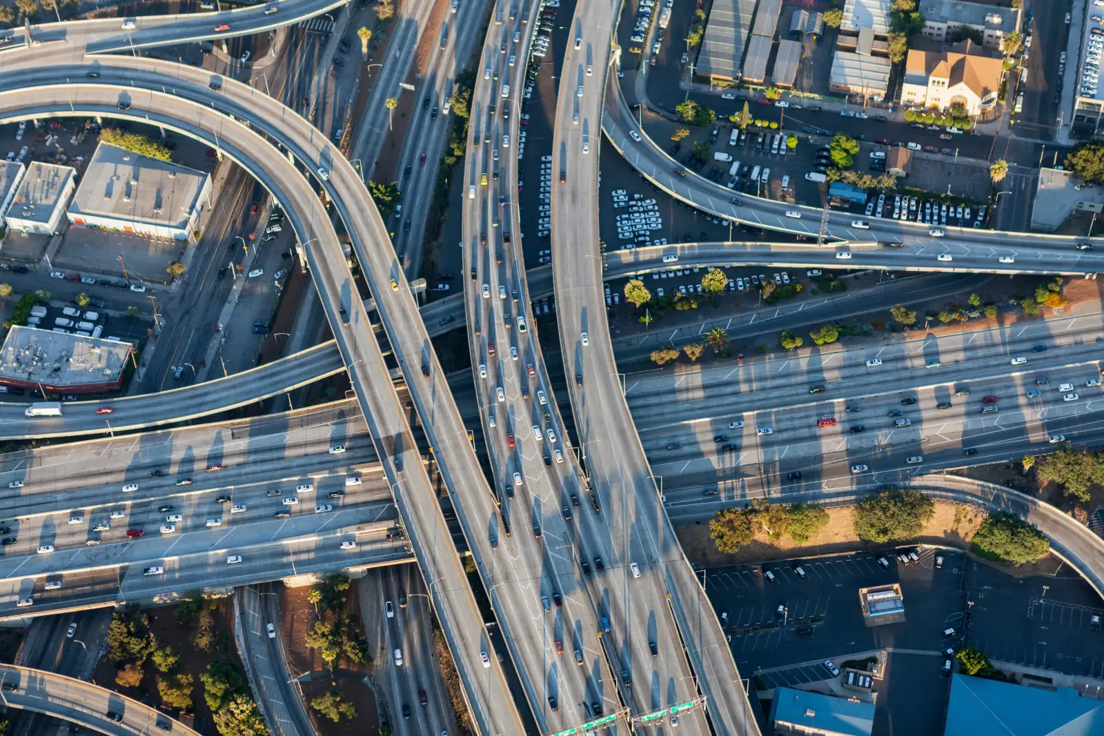 Aerial view of Harbor 110 and Santa Monica 10 freeway interchange in downtown Los Angeles, California.  