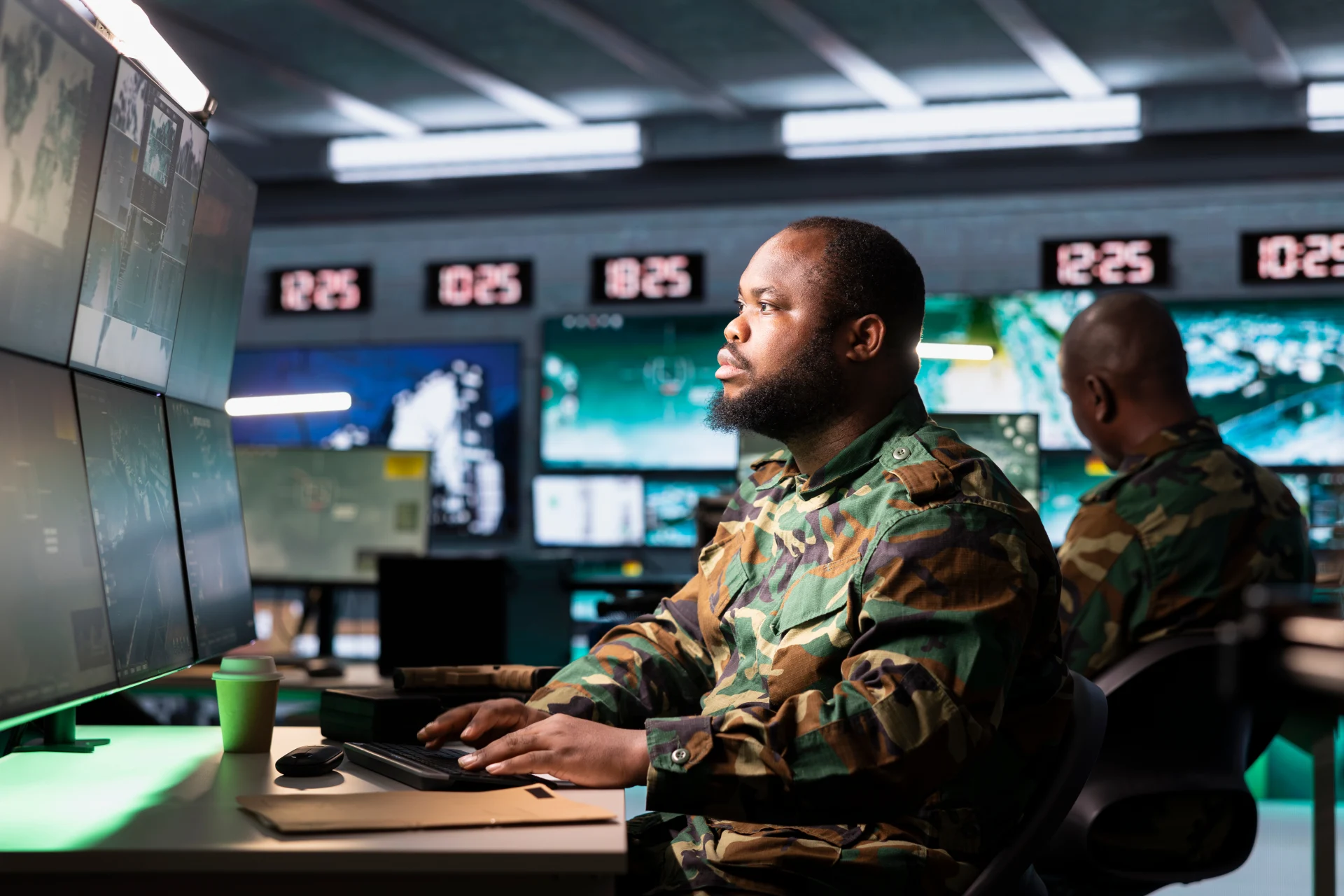 Soldier in war room analyzing aerial reconnaissance data to come up with warfare winning tactics. African american intelligence agency agent controlling drones attacking strategic targets