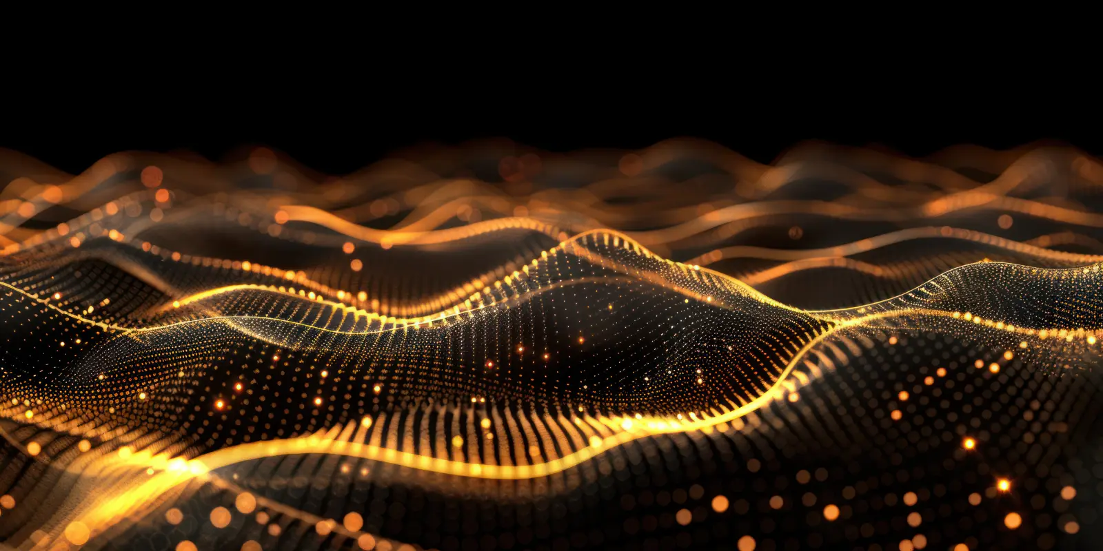 Abstract background with glowing dots and waves of gold on black. Big data visualization, digital wave, futuristic design element. Abstract pattern made from lines in perspective view. Black background.
