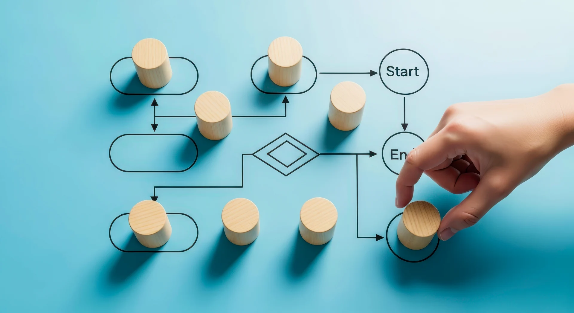 A hand places a wooden cylinder on a flowchart diagram, representing business process optimization, strategic planning, and workflow management.