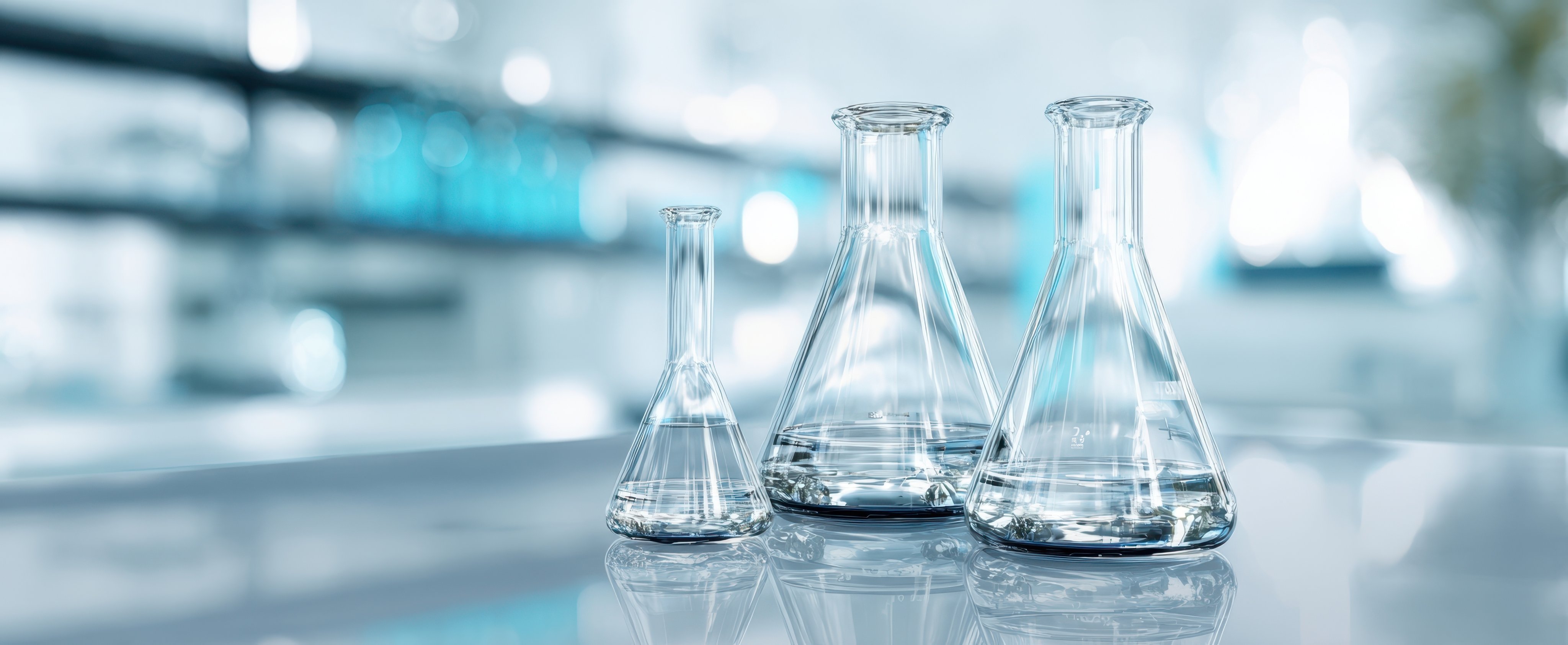 The collection of laboratory glassware featuring beakers and flasks on a clean surface.