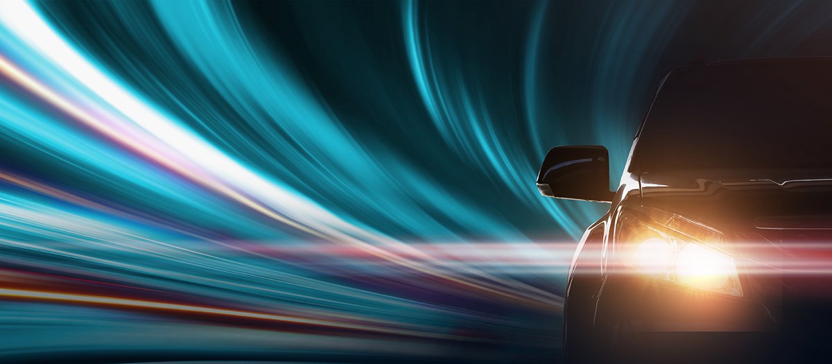 Front of the car with motion lighting background, EV car concept, Banner size