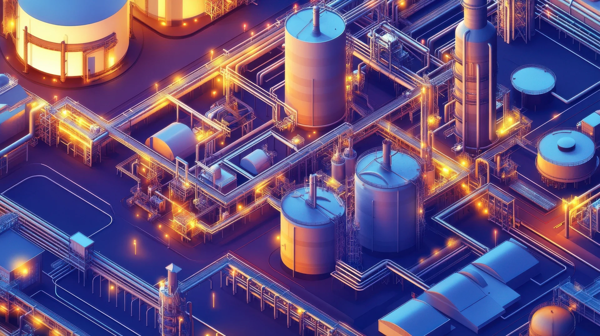 An isometric oil refinery with crude oil tankers, processing facilities, and petroleum storage tanks. A modern petrochemical plant infrastructure. illustration --ar 16:9 --v 6.1 Job ID: fbe4be5c-d97d-42e7-b247-d20228416c2e
