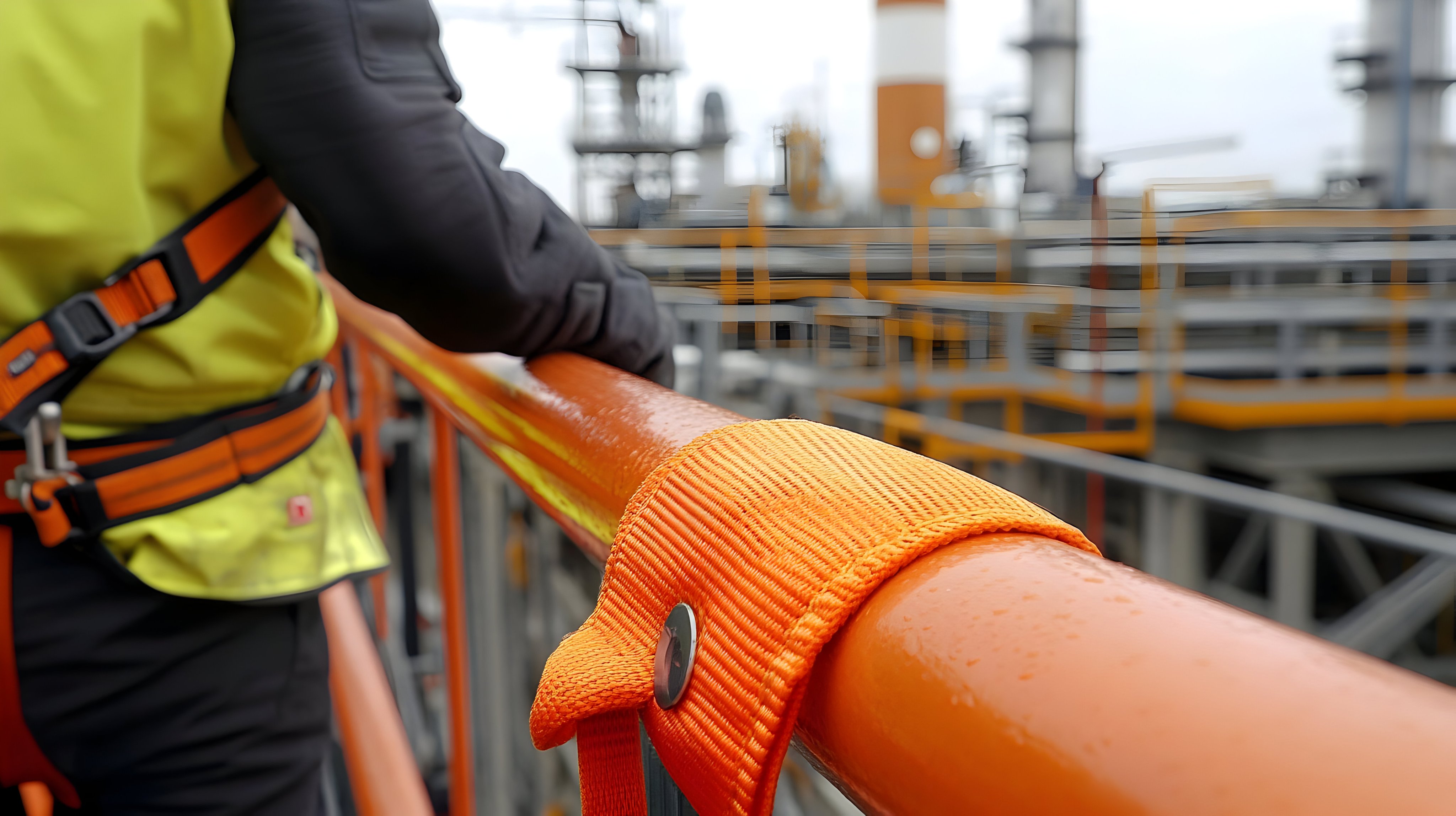 Industrial Worker Safety,  A Close View of an Orange Safety Rail and Harness in a Refinery