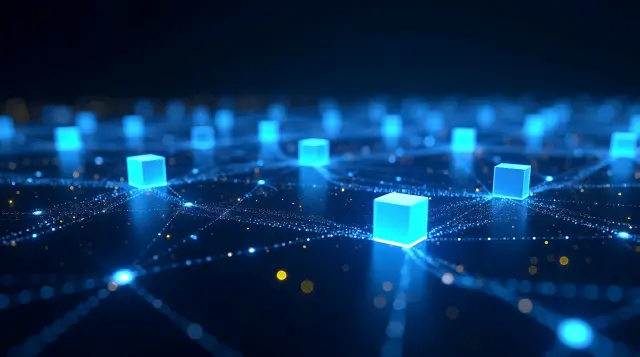 A futuristic digital network visualization featuring illuminated blue cubes arranged in a grid, interconnected by glowing lines and nodes, conveying a sense of data flow and connectivity.
