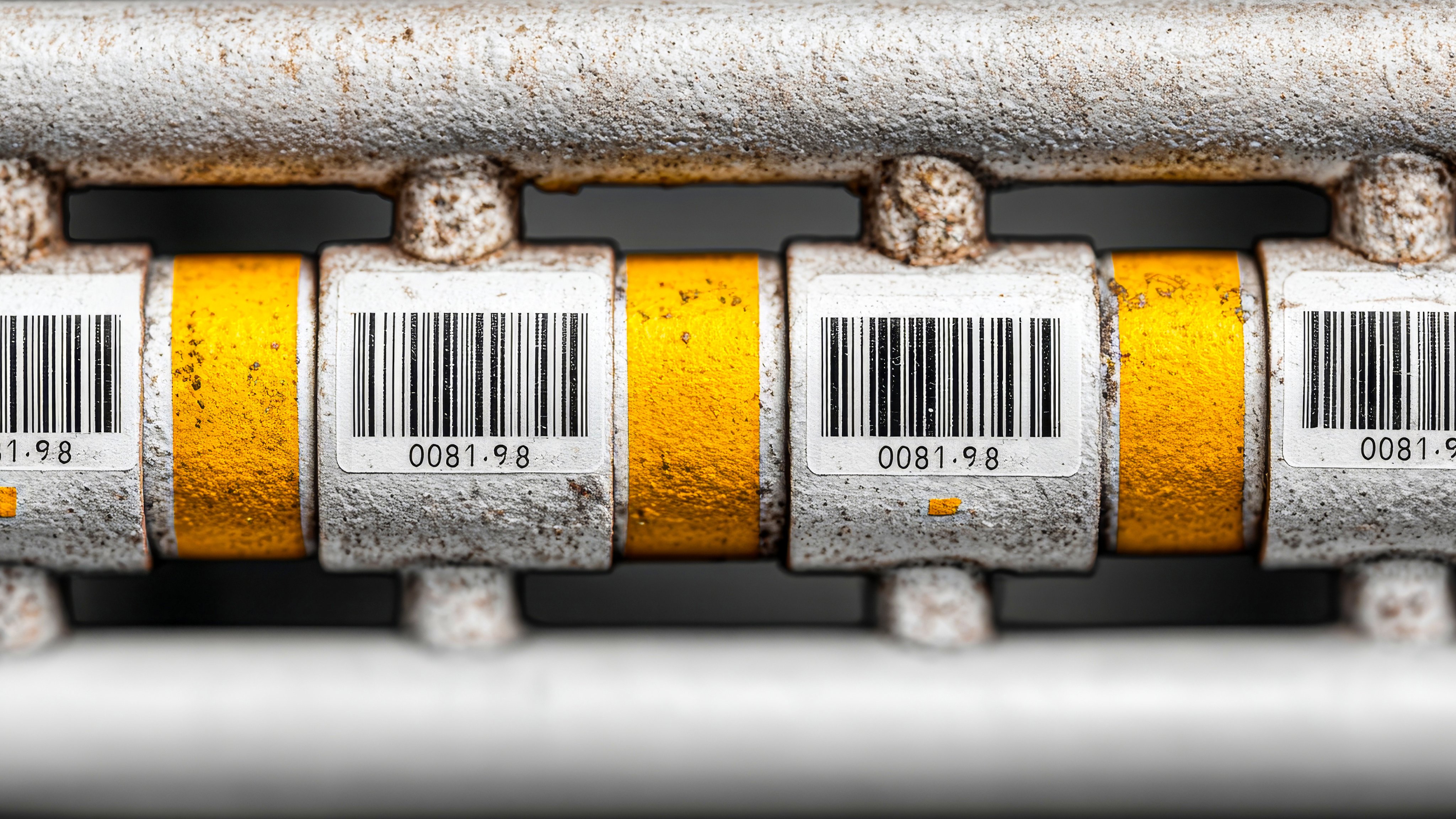 minimalistic stock photo, close-up of tagged utility pipes underground, barcode and label info visible, clear focus and symmetry, white, yellow, Canon EOS R5 RF 100mm f/2.8 Macro, --chaos 25 --ar 3:2 --stylize 250 --v 7 Job ID: 33a2fd24-a4fa-4b67-9485-de9a6bc0d1dc