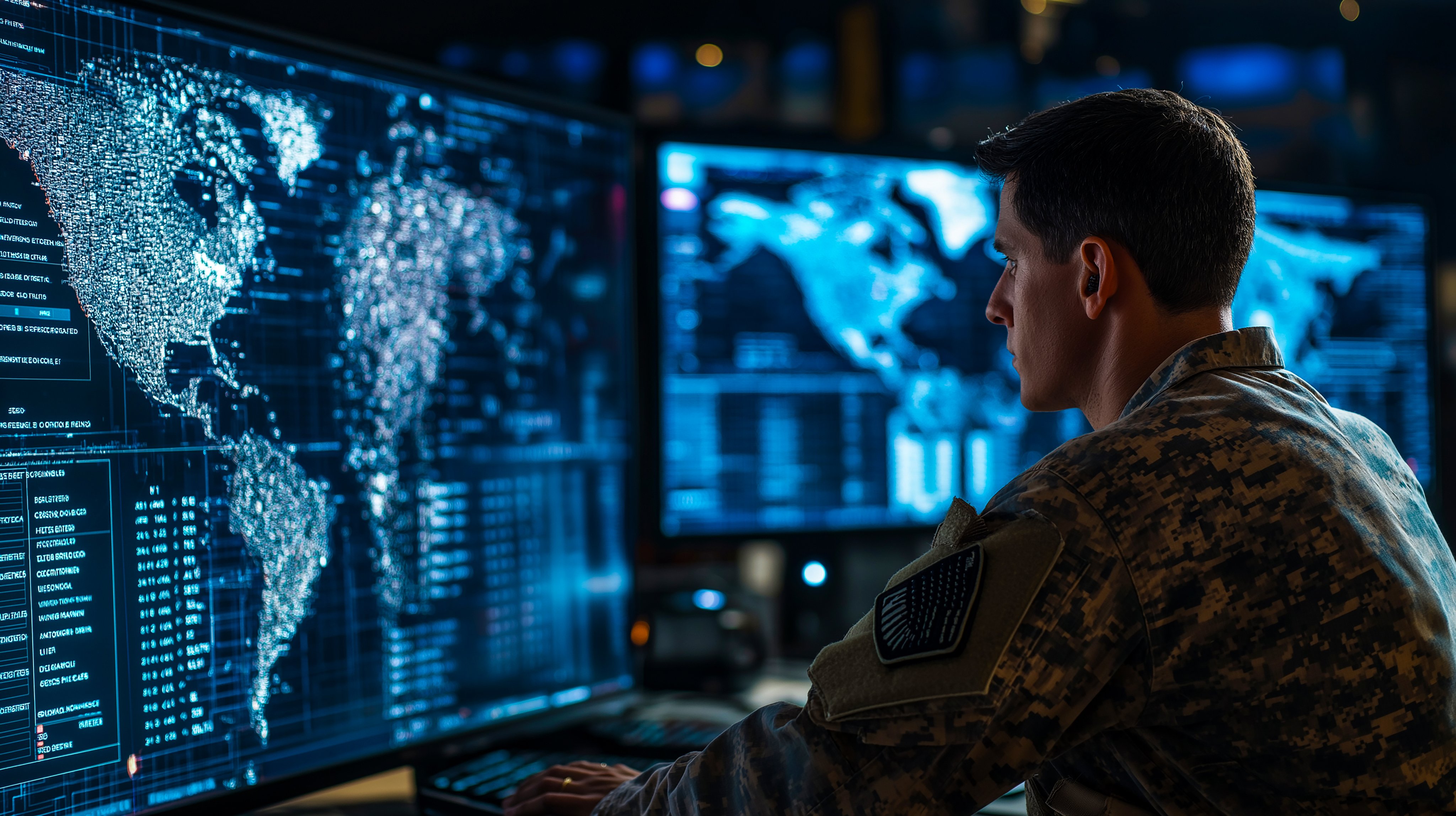 Military operation center, army soldier using computer with animated world map on screen