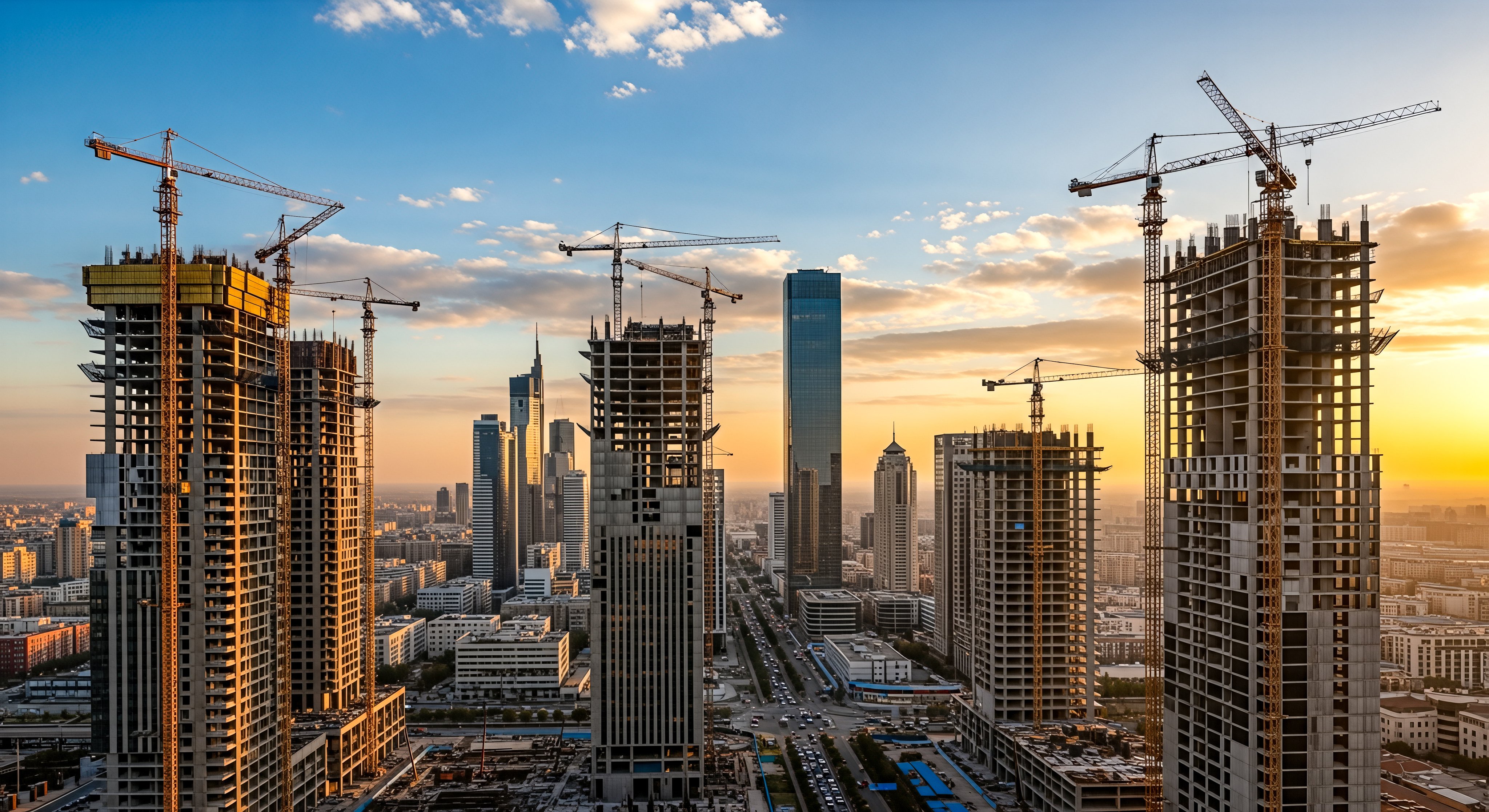 Industrial landscape with unfinished high rise buildings yellow cranes orange sky concept of housing market expansion engineering progress economy structure city
