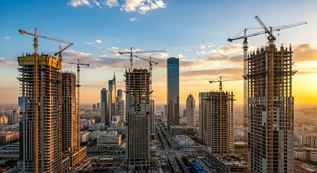 Industrial landscape with unfinished high rise buildings yellow cranes orange sky concept of housing market expansion engineering progress economy structure city