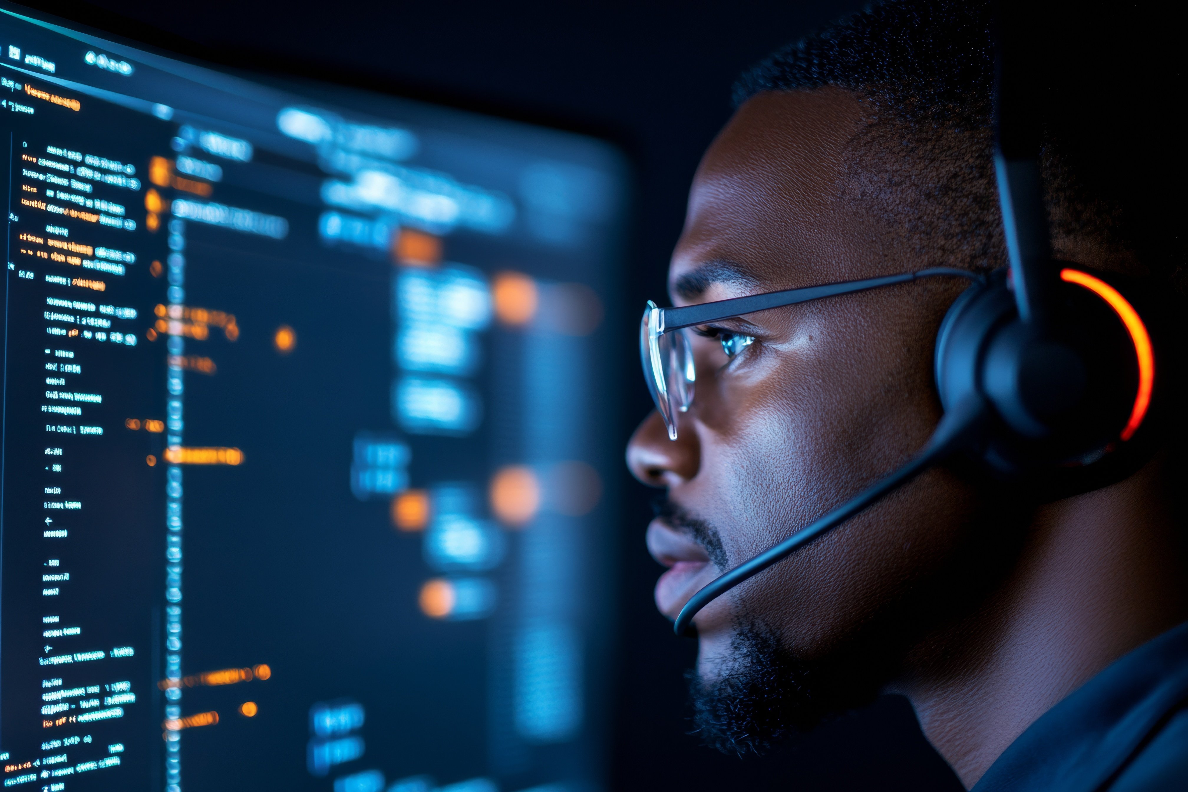 Dark Mode Control Room Black Male IT Professional in Headset Analyzing Data on Monitors - Advanced Cybersecurity for Business Crisis Management and Encrypted Connections.
