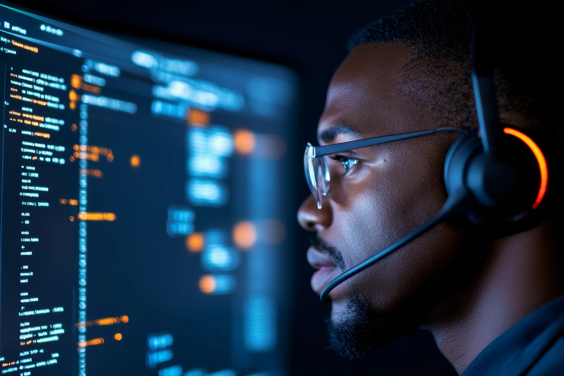 Dark Mode Control Room Black Male IT Professional in Headset Analyzing Data on Monitors - Advanced Cybersecurity for Business Crisis Management and Encrypted Connections.