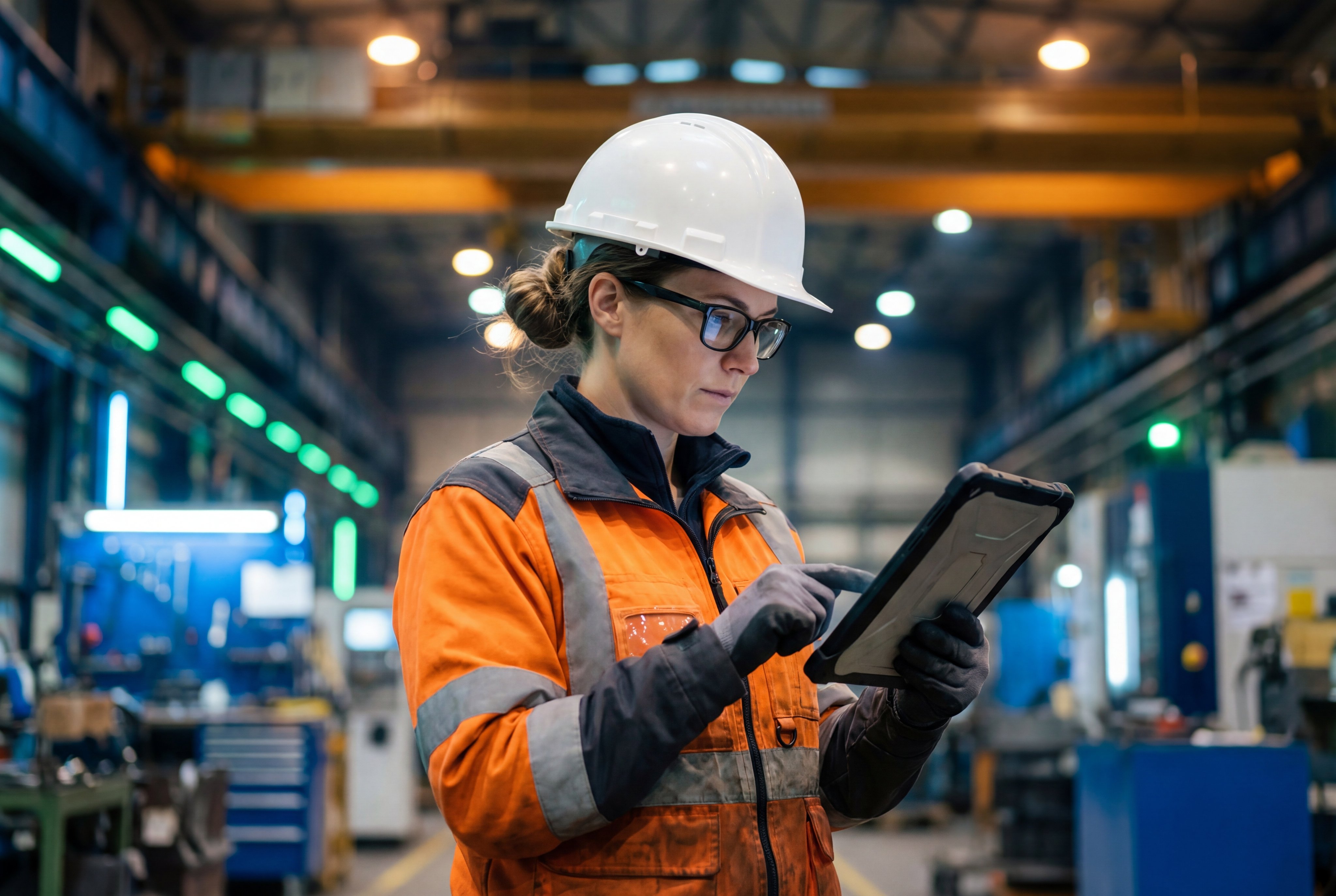 A female industrial engineer wearing a white hard hat, safety glasses, and orange vest uses a digital tablet in a large factory setting