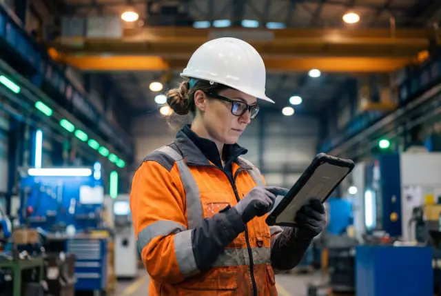 A female industrial engineer wearing a white hard hat, safety glasses, and orange vest uses a digital tablet in a large factory setting