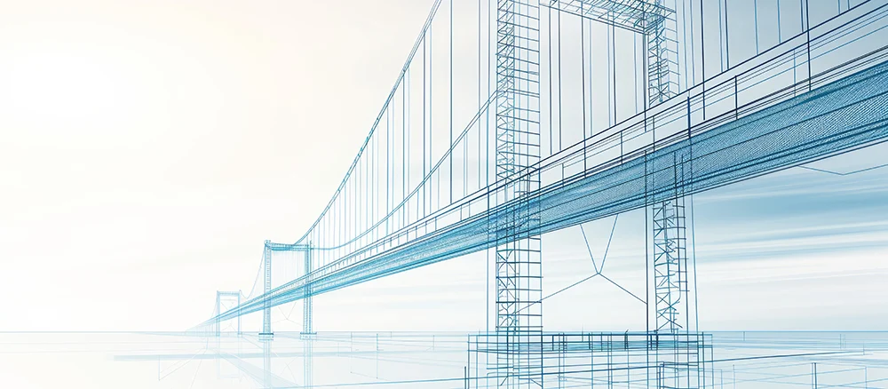 Hand-drawn blueprint of an innovative bridge, sketch, monochromatic, precise measurements, technical details, flat design illustration, high-resolution photo, realistic photo, cinematography