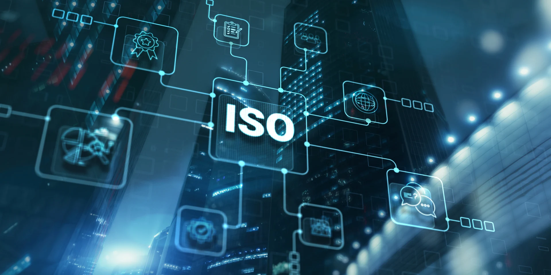 Quality standards ISO business technology concept on city background.