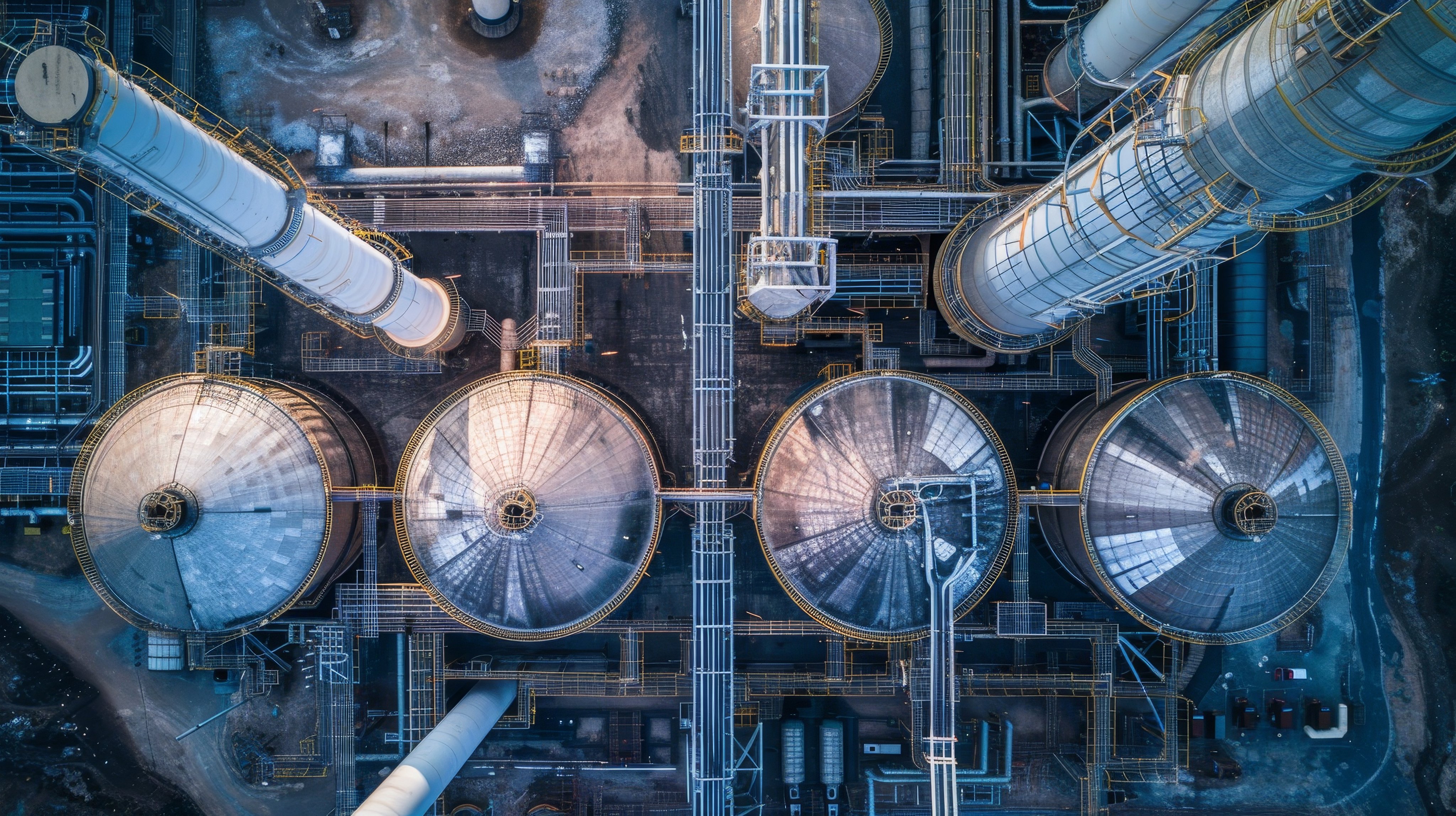 Symmetrical Elegance Aerial Shot of Industrial Cooling Towers with Striking Geometric Patterns