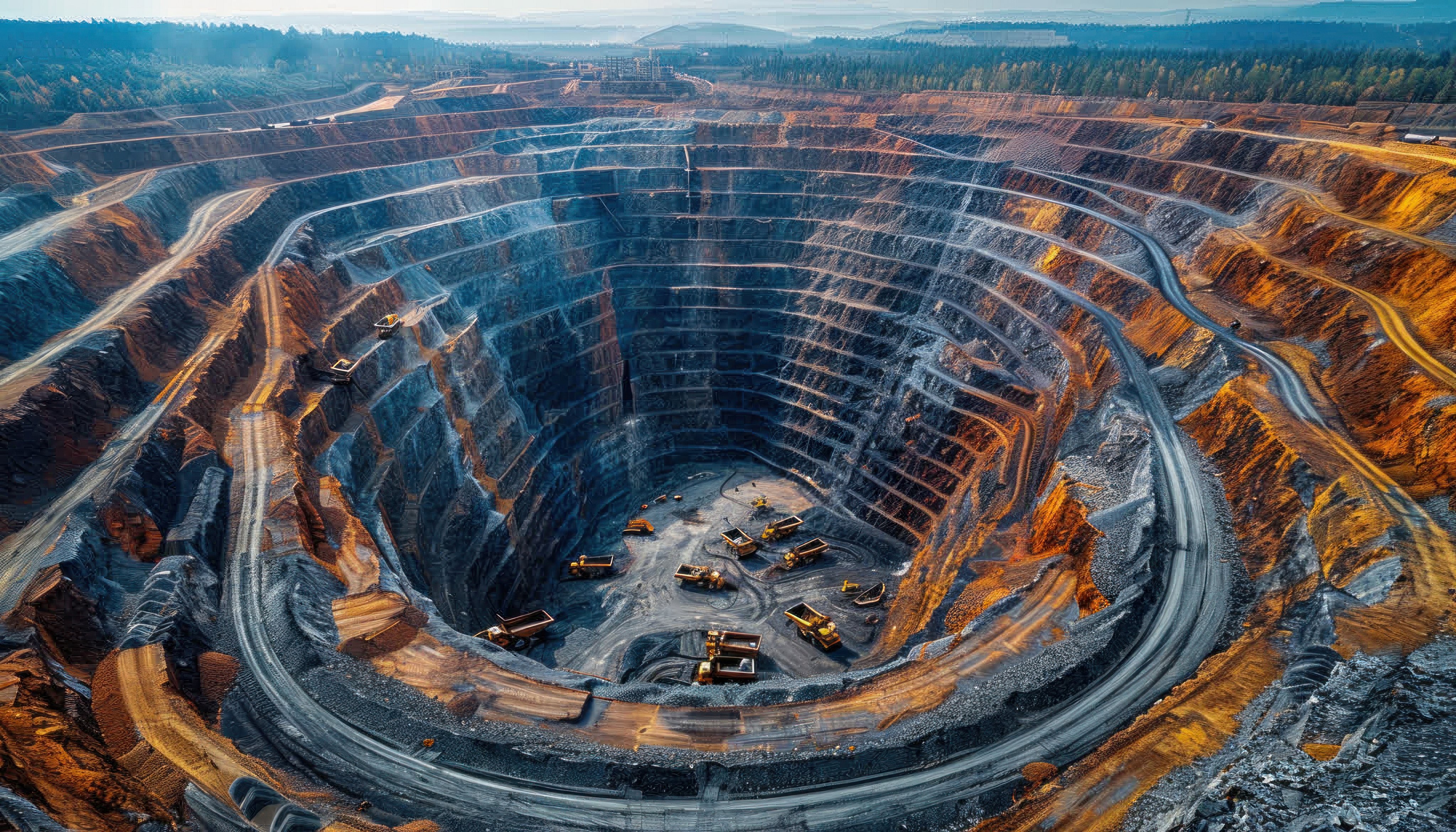 An aerial view of a vast open pit mine resembles a mesmerizing pattern of circles within the natural landscape, creating a unique environmental art piece