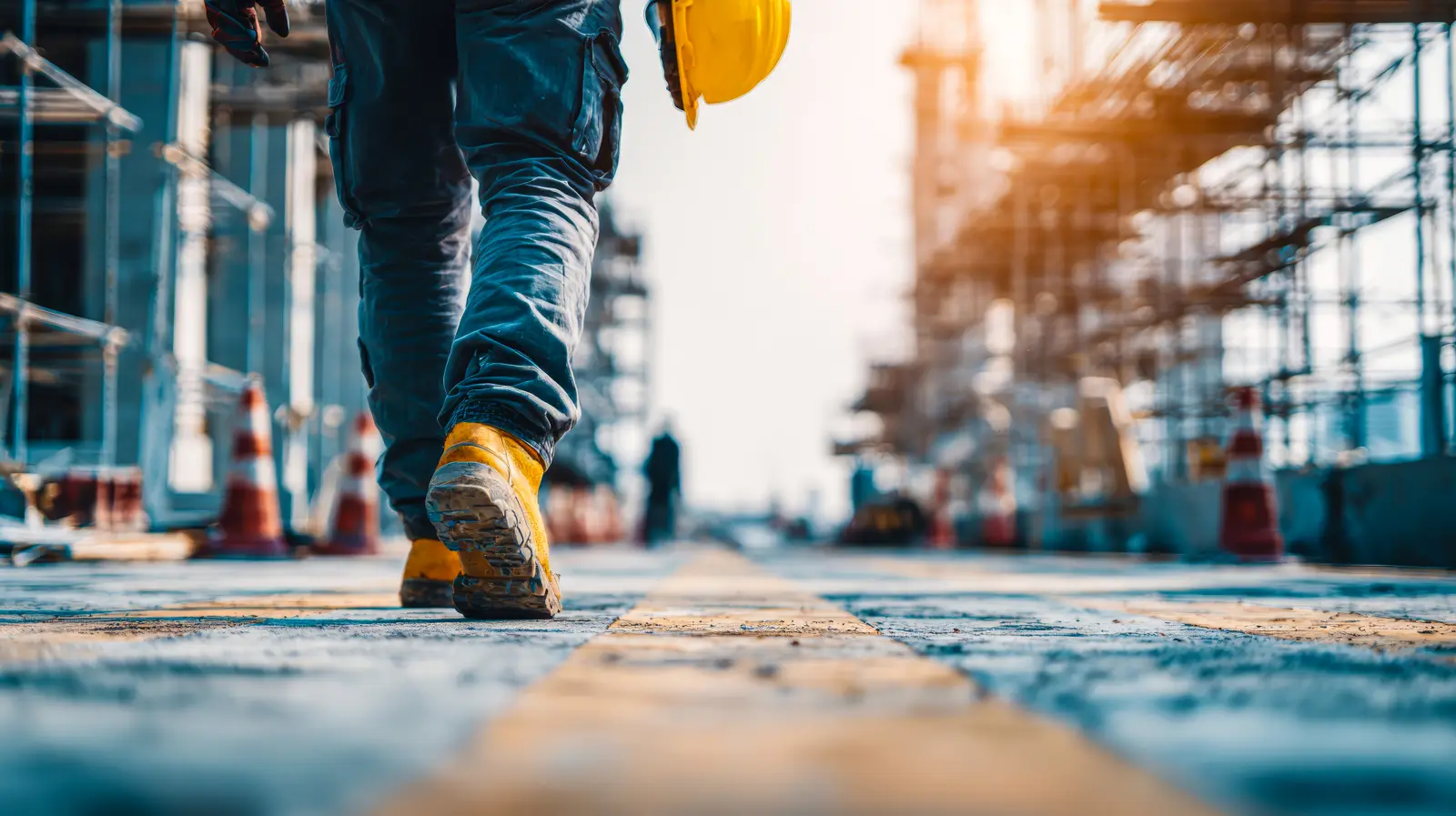 A construction worker walks along a path, with construction scaffolding in the background. The photo is taken from a low angle, focusing on the worker's boots.