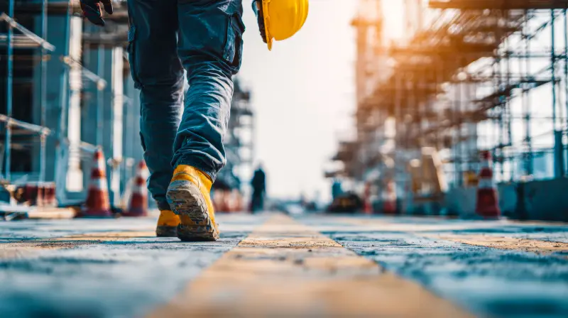 A construction worker walks along a path, with construction scaffolding in the background. The photo is taken from a low angle, focusing on the worker's boots.