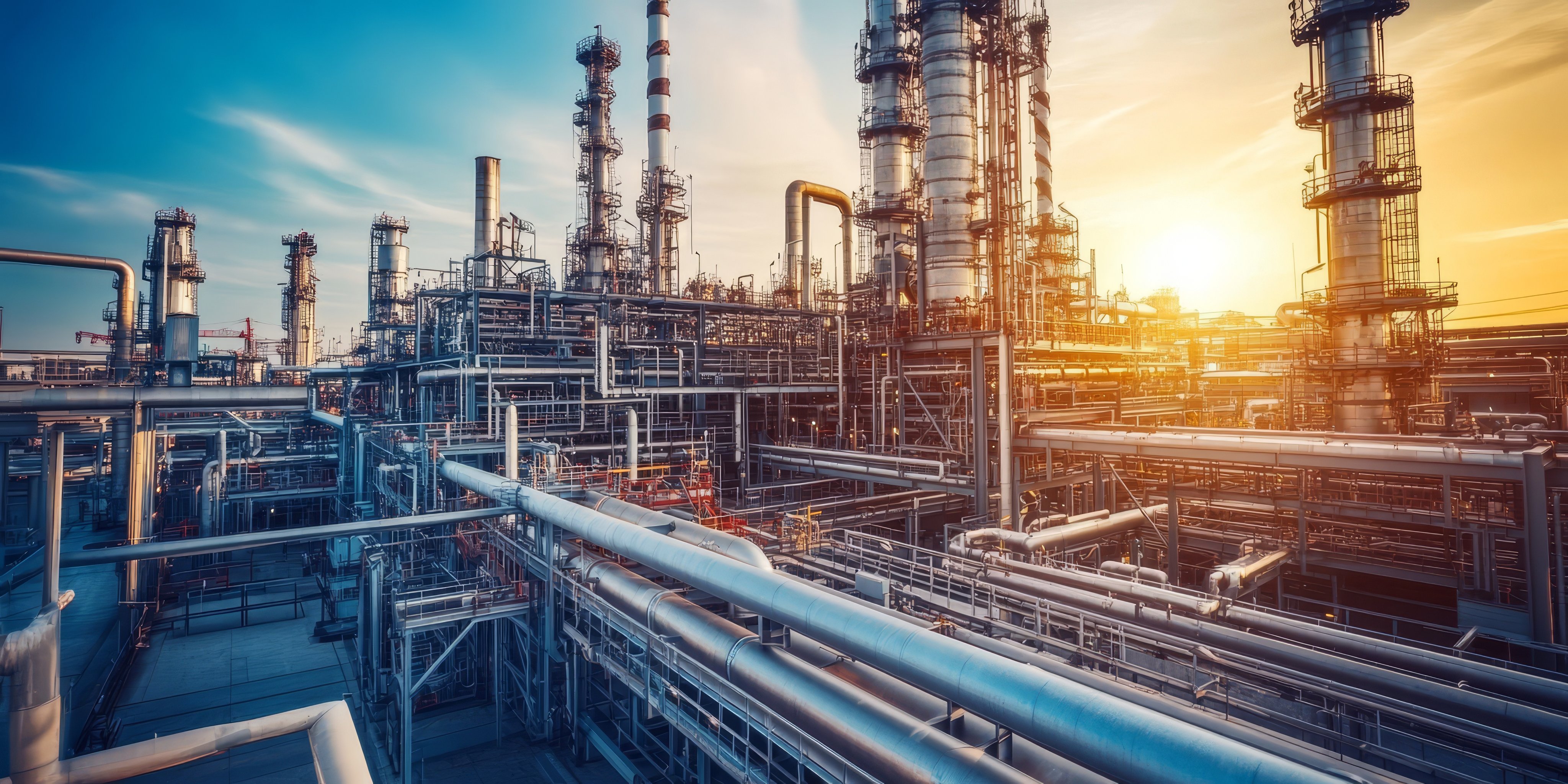 Network of steel pipelines in an oil refinery, surrounded by industrial towers and machinery, under clear skies, metallic and intricate