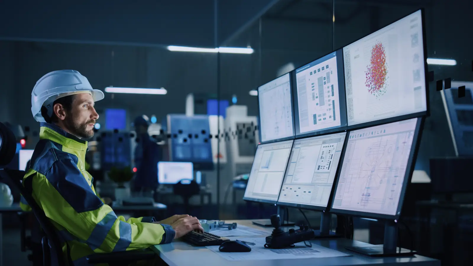 Industry 4.0 Modern Factory: Facility Operator Controls Workshop Production Line, Uses Computer with Screens Showing Complex UI of Machine Operation Processes, Controllers, Machinery Blueprints