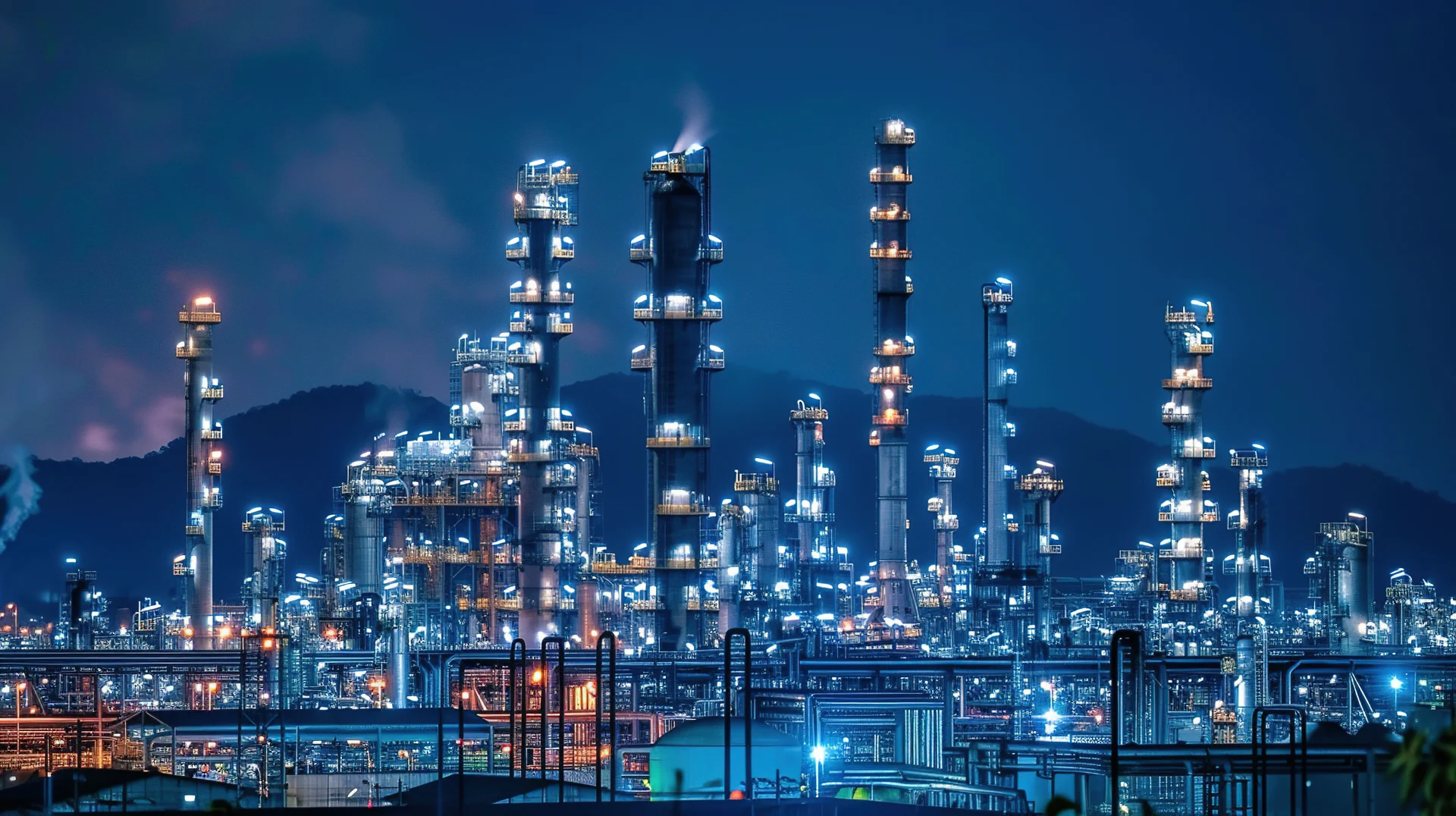 At night, the oil refinery and plant, along with the tower column of the petrochemical industry, are part of the oil and gas industrial landscape