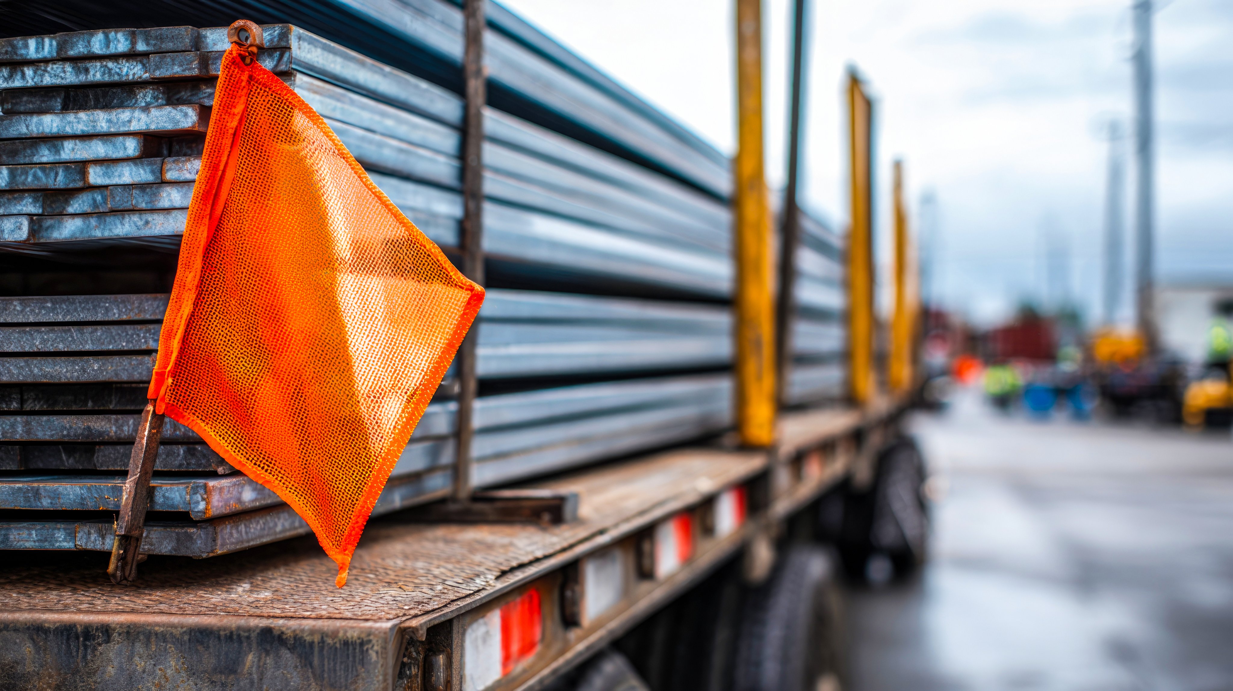 A sharp, eye-level close-up photograph of the rear corner of a parked flatbed trailer loaded with steel beams, showing a bright orange mesh safety flag securely fastened to the protruding end of the load + subject placed on the left with clean empty space on the right + diffused overcast daylight, shallow depth of field focusing on the flag and load, industrial yard background + no blur, properly exposed, white balanced, stock photography, properly lit, sharp colors, ultra 4K HD, professional photography, focus stacked, aaa123jj --ar 16:9 --v 7 Job ID: 5d631e04-b883-436a-b27b-6df0753aab62