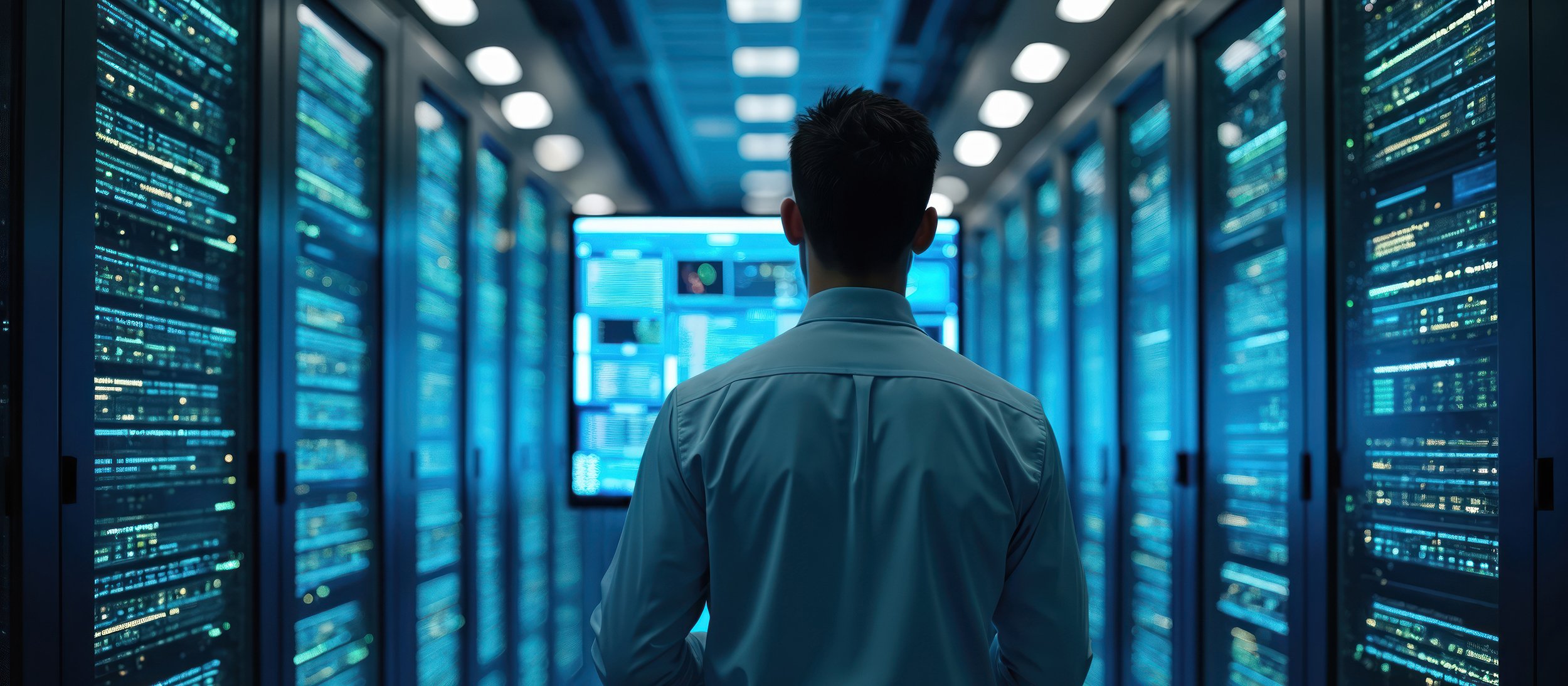 Male tech specialist observes data center filled with servers glowing screens. Monitors network infrastructure in controlled environment focused on system stability. Image represents digital
