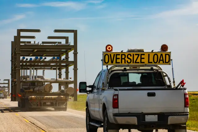 Oversized truck traveling along the highway on a sunny day. Pickup is following behind for security. Coutryside grasslands and plains in the background.