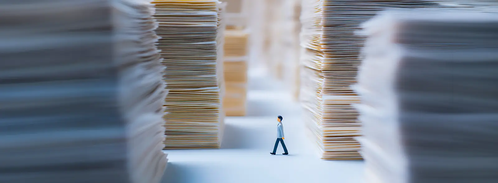 Miniature figure walks through a maze of massive paper stacks. The mood is one of challenge, perseverance, and being overwhelmed. Setting is an abstract, clean space. Use for concepts of workload, administration, finance, and problem solve