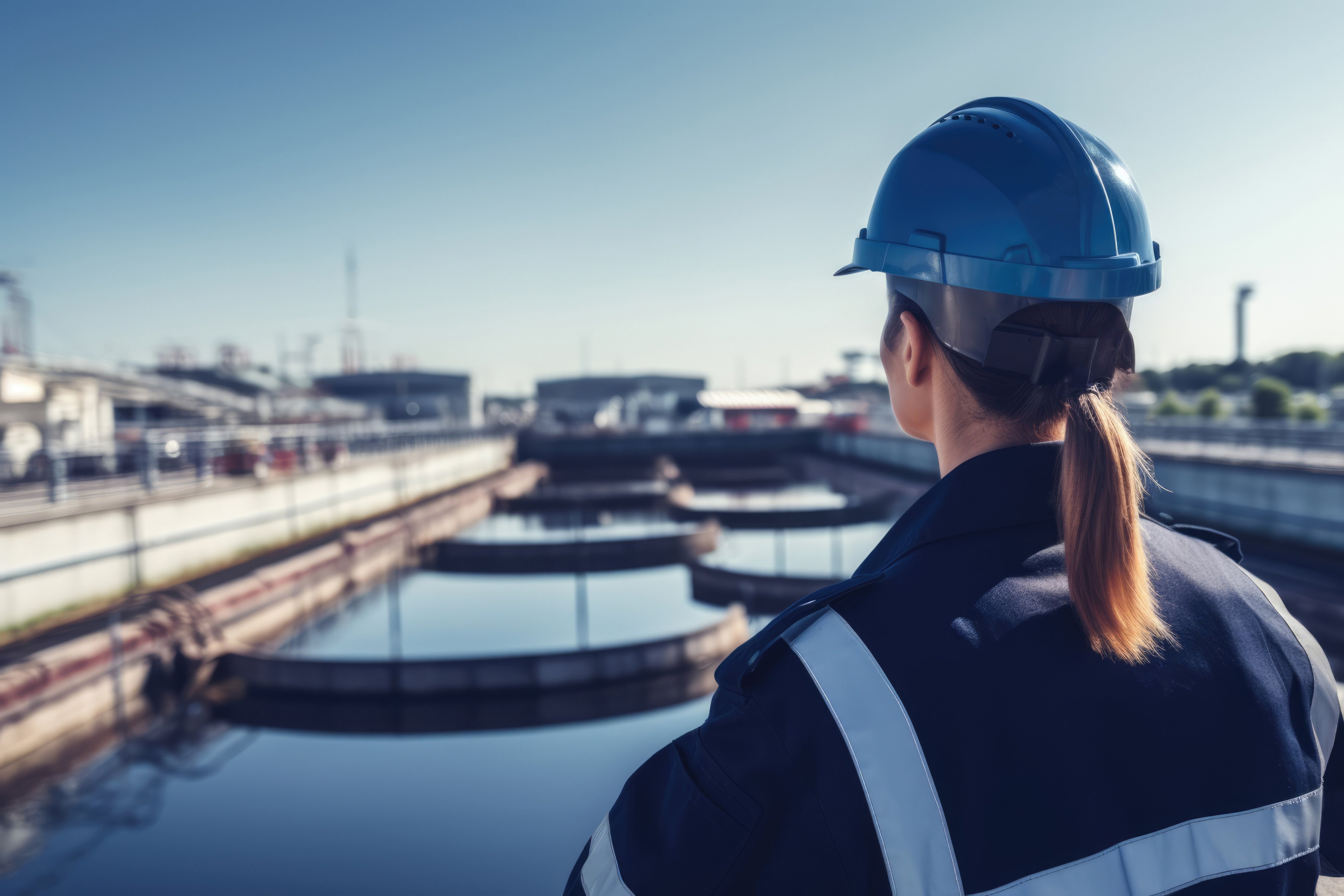 Woman Guard On Defocused Background Water Treatment Plants. Сoncept Women In Security Careers, Water Treatment Plant Maintenance, Background Blur Photography, Workplace Diversity Benefits