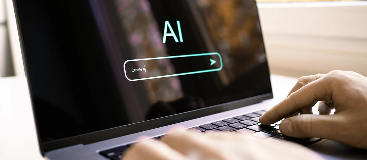 AI prompt to generate content or image with computer. Text model. Artificial intelligence in laptop. Photo generator at creative work. Student searching with virtual chat.
