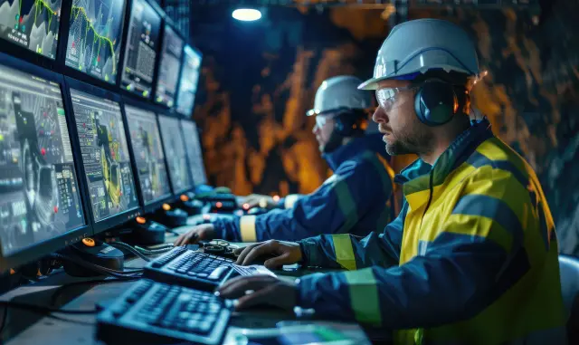 An engineer working in a control room in a vast mineral extraction site