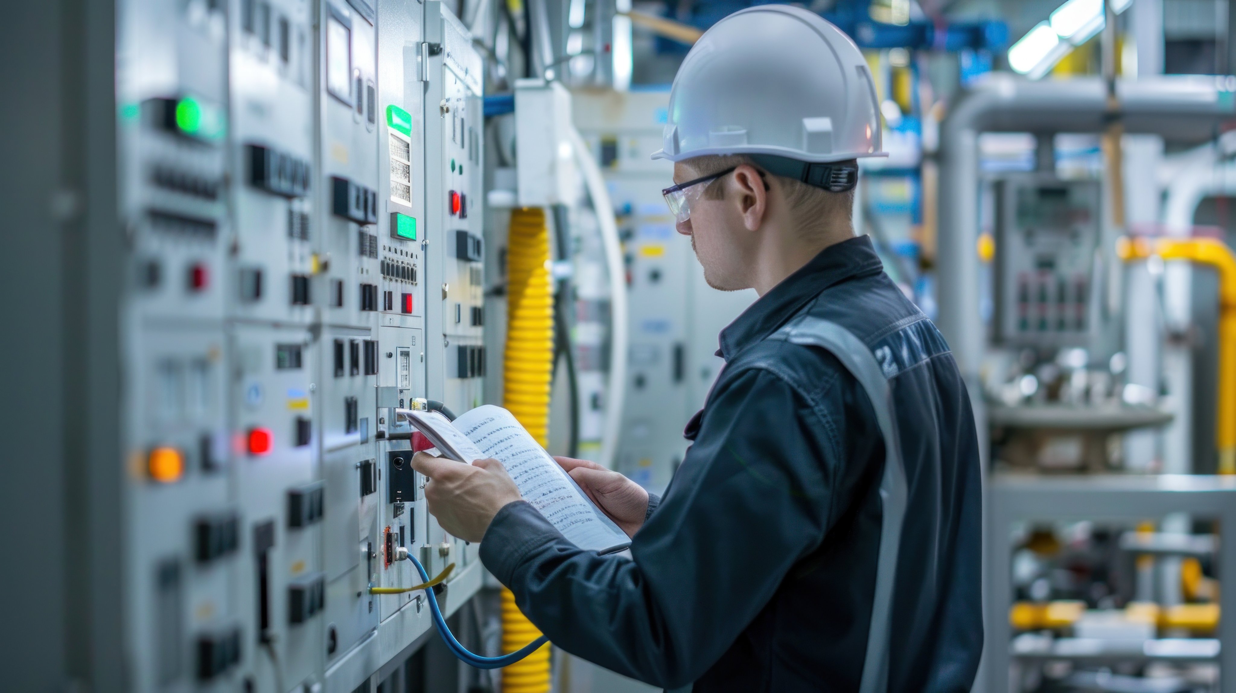 photograph of Programer programing PLC Control by note book in a modern factory. telephoto lens realistic daylight --ar 16:9 Job ID: a3bed940-f0f0-4f67-84e4-a5f8f02ab07e