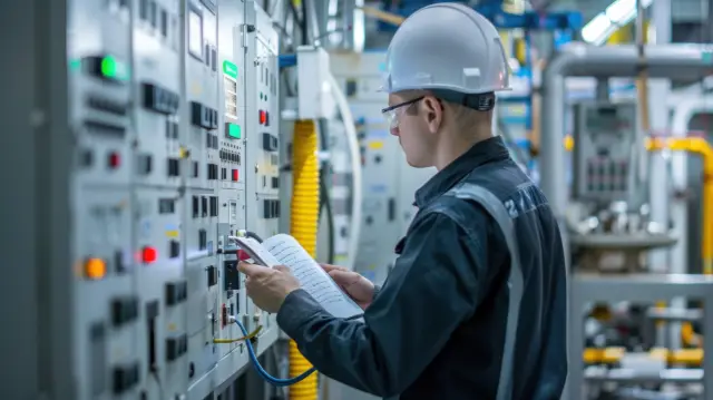 photograph of Programer programing PLC Control by note book in a modern factory. telephoto lens realistic daylight --ar 16:9 Job ID: a3bed940-f0f0-4f67-84e4-a5f8f02ab07e