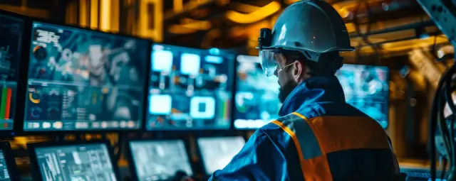An engineer in reflective clothing monitors advanced mining equipment from a high-tech operations center. The room is filled with glowing screens showing data analytics and machinery status, illustrating the modern approach to resource extraction.