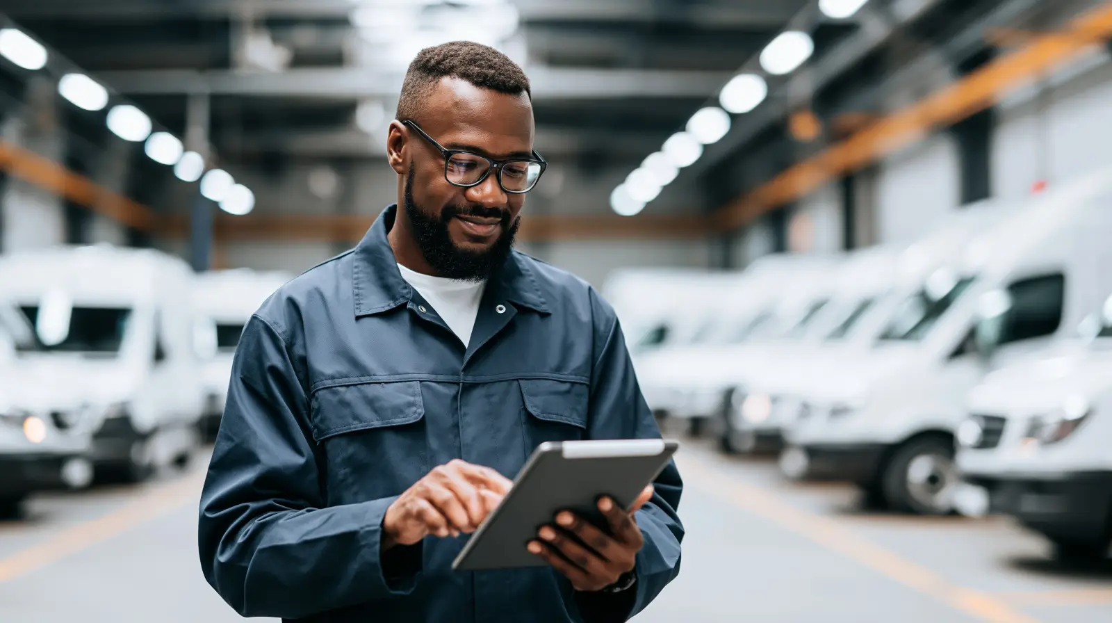 worker using a tablet while standing inside a large vehicle garage filled with parked vans and industrial lighting, realistic fleet management atmosphere with shallow depth of field, airy atmosphere, wide negative space --ar 16:9 --seed 2883359915 --raw --profile 286piie --stylize 50 --hd --v 8.1 Job ID: a5ecc19b-8692-444a-a622-bc2370be9059