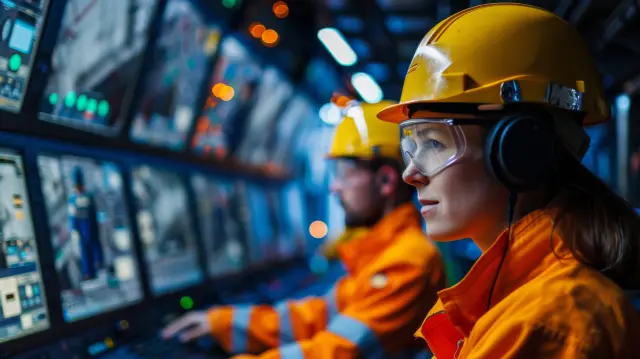Professional workers in safety helmets and reflective jackets oversee operations in an industrial control room filled with high-tech equipment and monitors.