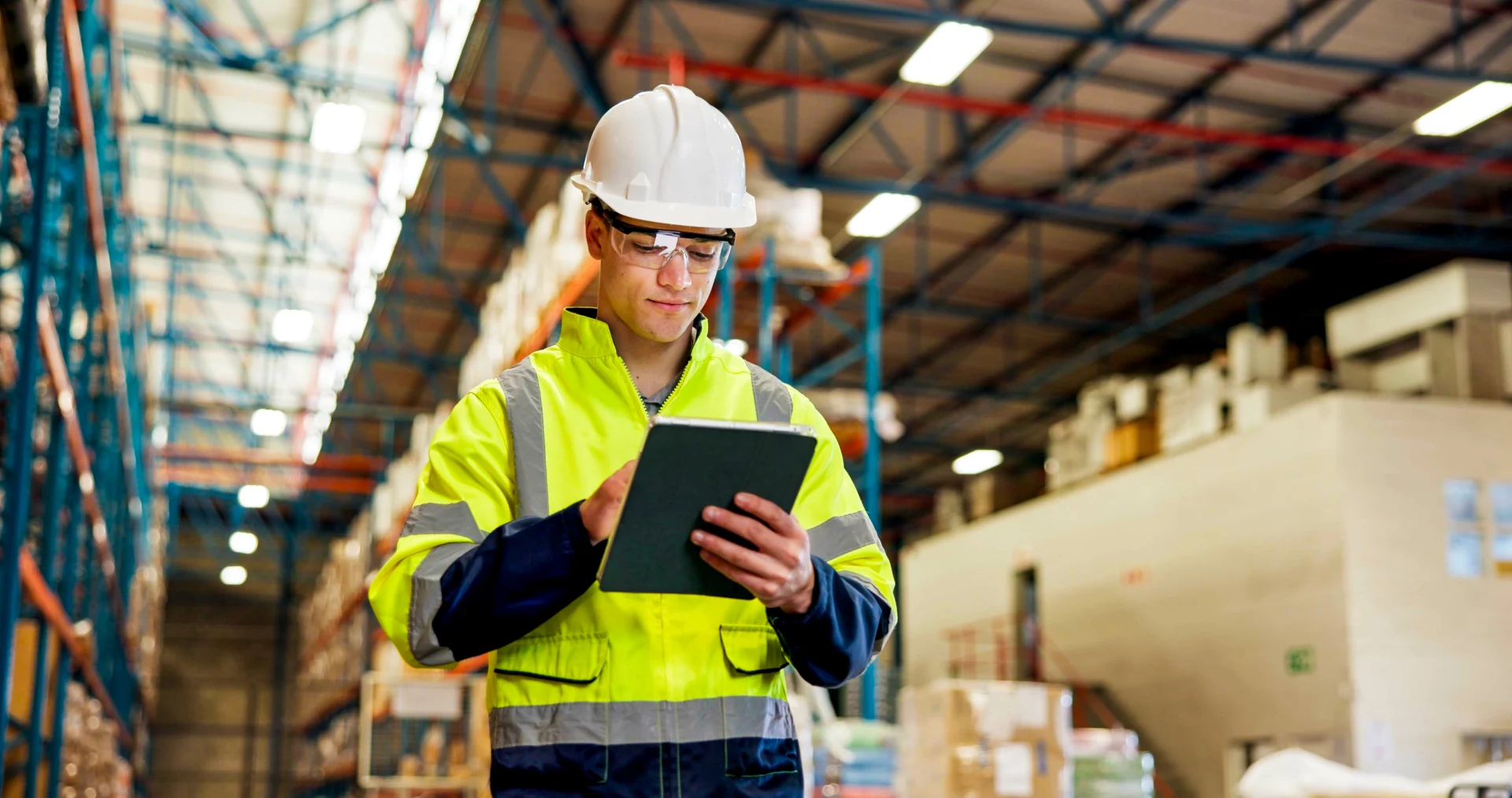 Businessman, logistics and checking inventory with tablet in warehouse for supply chain or stock. Man, distributor or supplier with technology for storage maintenance or quality control in depot.