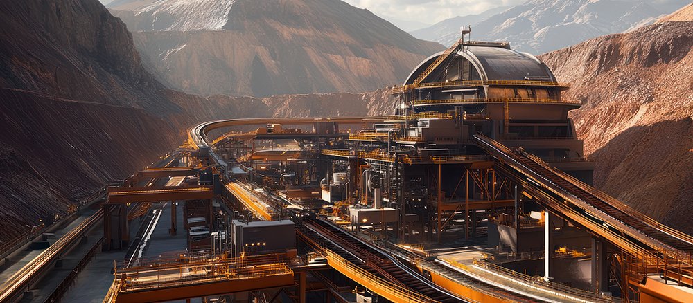 A large-scale iron processing plant with conveyor belts carrying raw iron ore through crushing and refining machines, while workers monitor the process from control rooms.