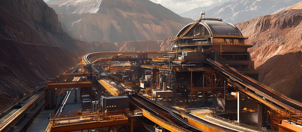 A large-scale iron processing plant with conveyor belts carrying raw iron ore through crushing and refining machines, while workers monitor the process from control rooms.