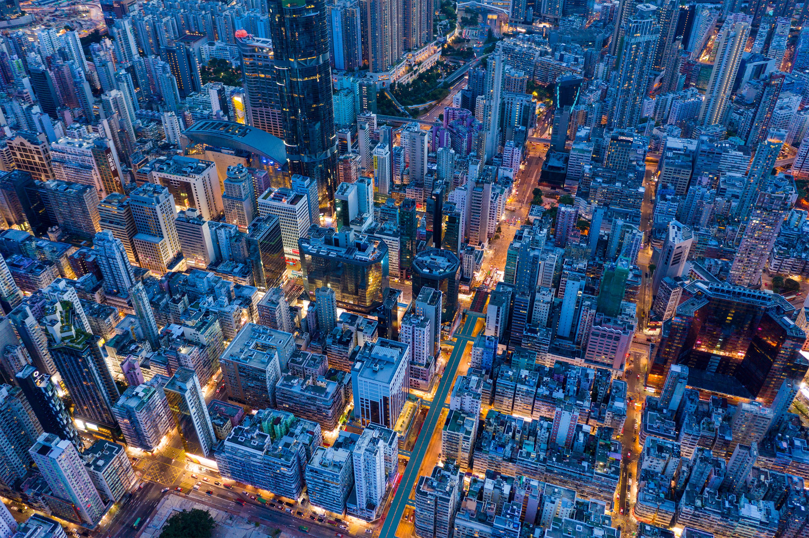 Mong Kok, Hong Kong 26 July 2020: Top view of Hong Kong city at evening
