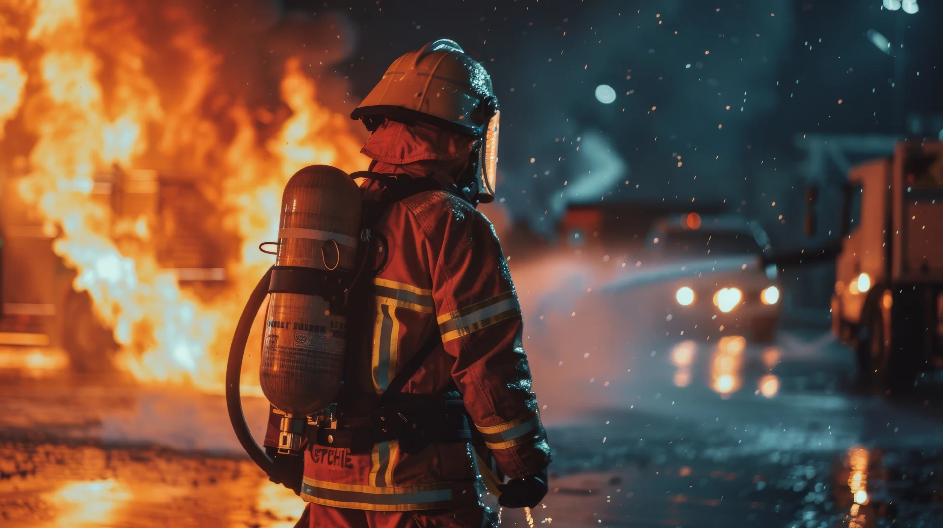 Fireman using water and fighting with fire flame in an emergency situation