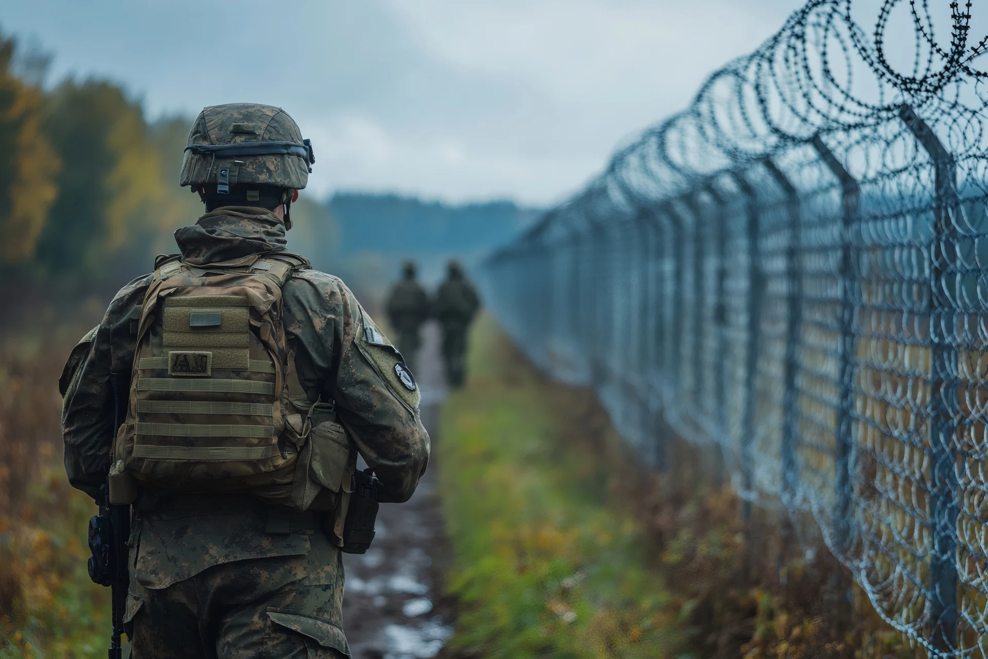 Soldier patrolling along a fortified border fence with barbed wire, ensuring safety and protection in a restricted area