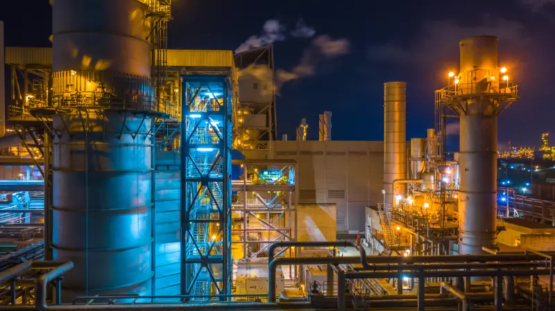 Power station, Combined heat power plant at night, Large combined cycle power plant.
