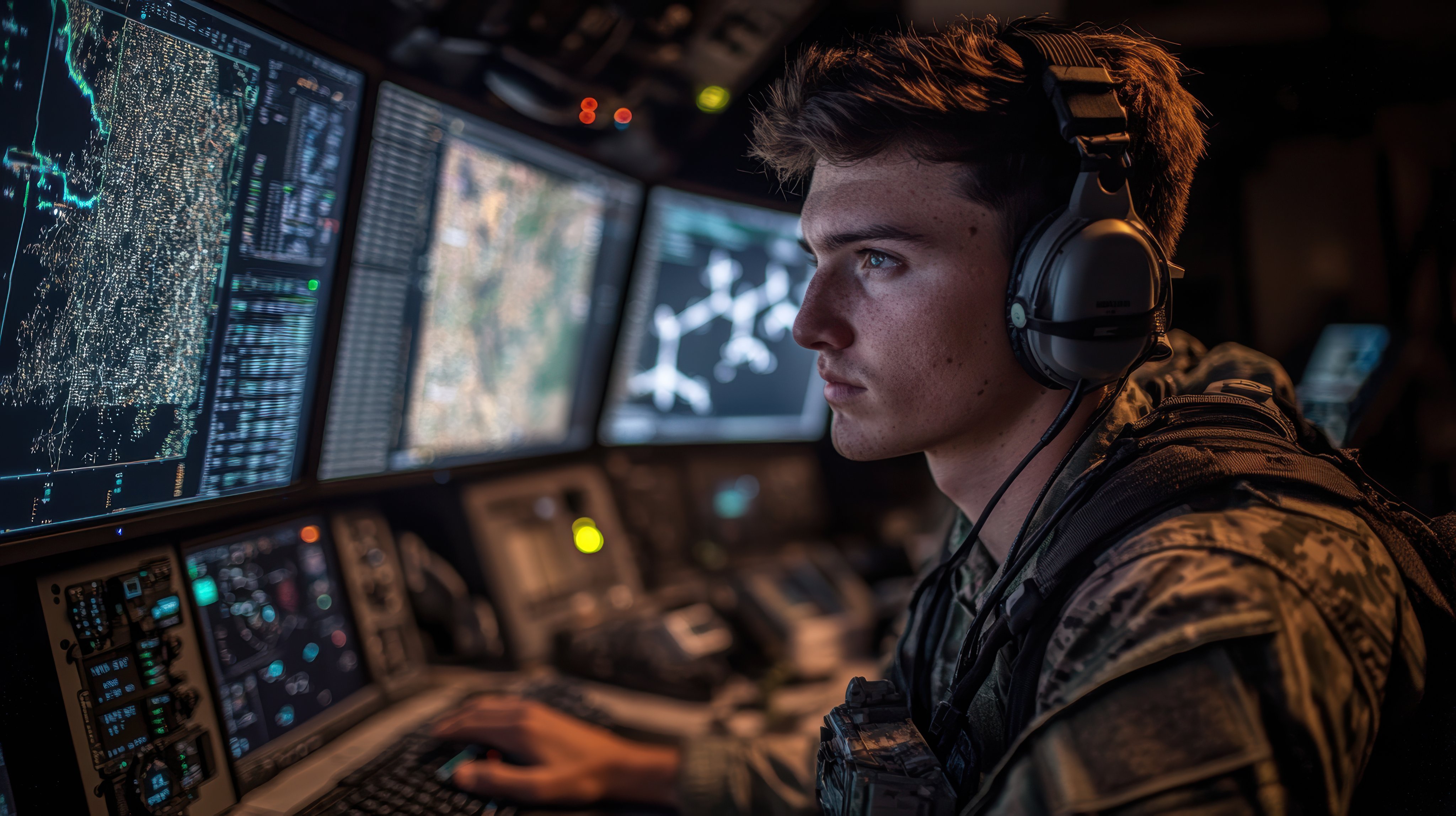 A military officer intensely monitors multiple screens at a surveillance desk, showcasing high-tech equipment and a focused working environment dedicated to security operations.