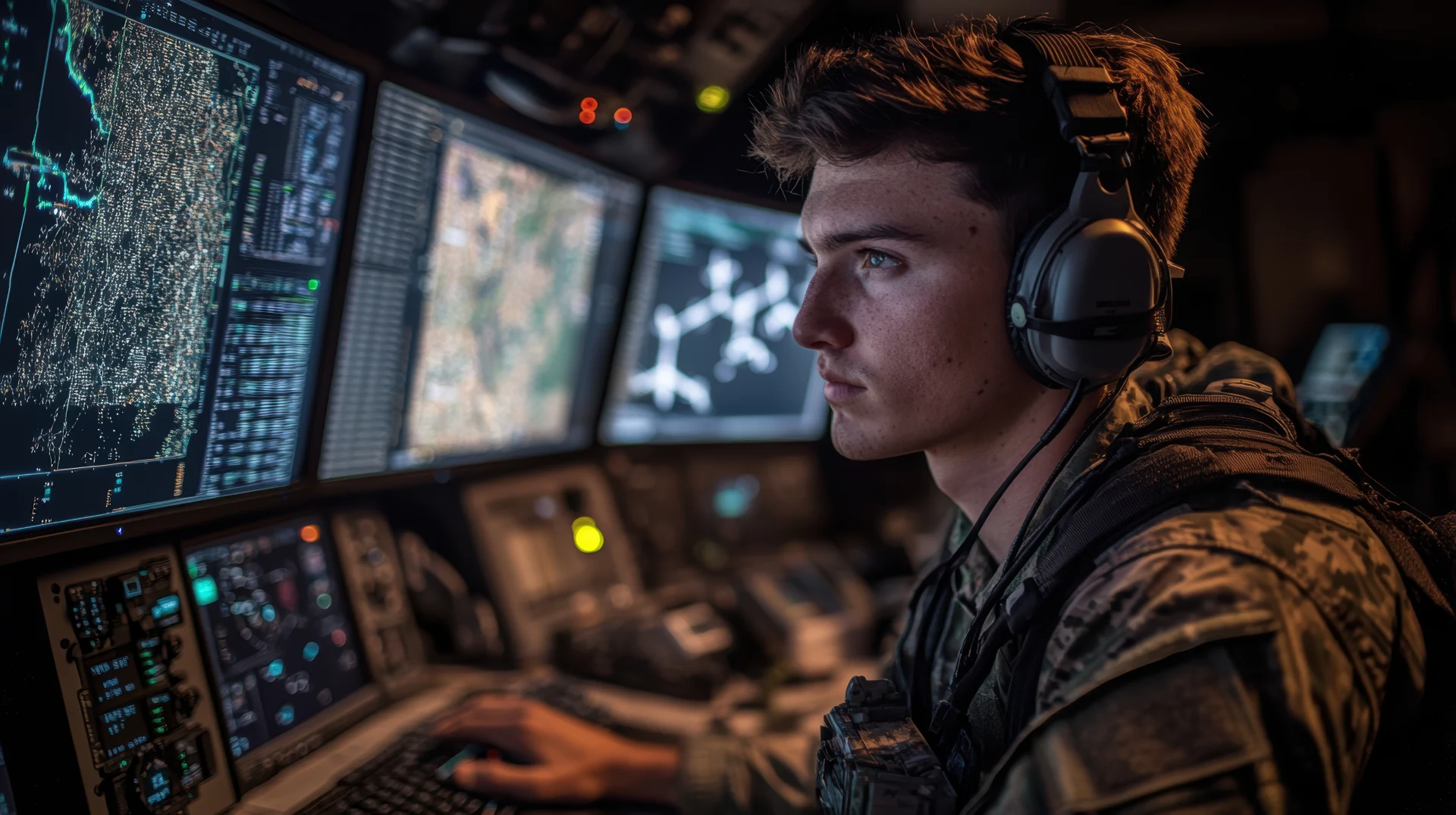 A military officer intensely monitors multiple screens at a surveillance desk, showcasing high-tech equipment and a focused working environment dedicated to security operations.